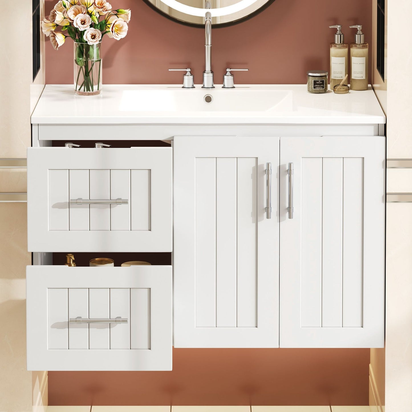 Wall Mounted Bathroom Vanity & Sink, 2 Drawers