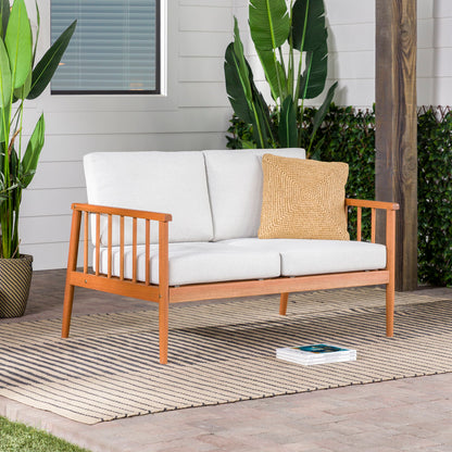 Contemporary Cushioned Eucalyptus Wood Patio Loveseat - Brown