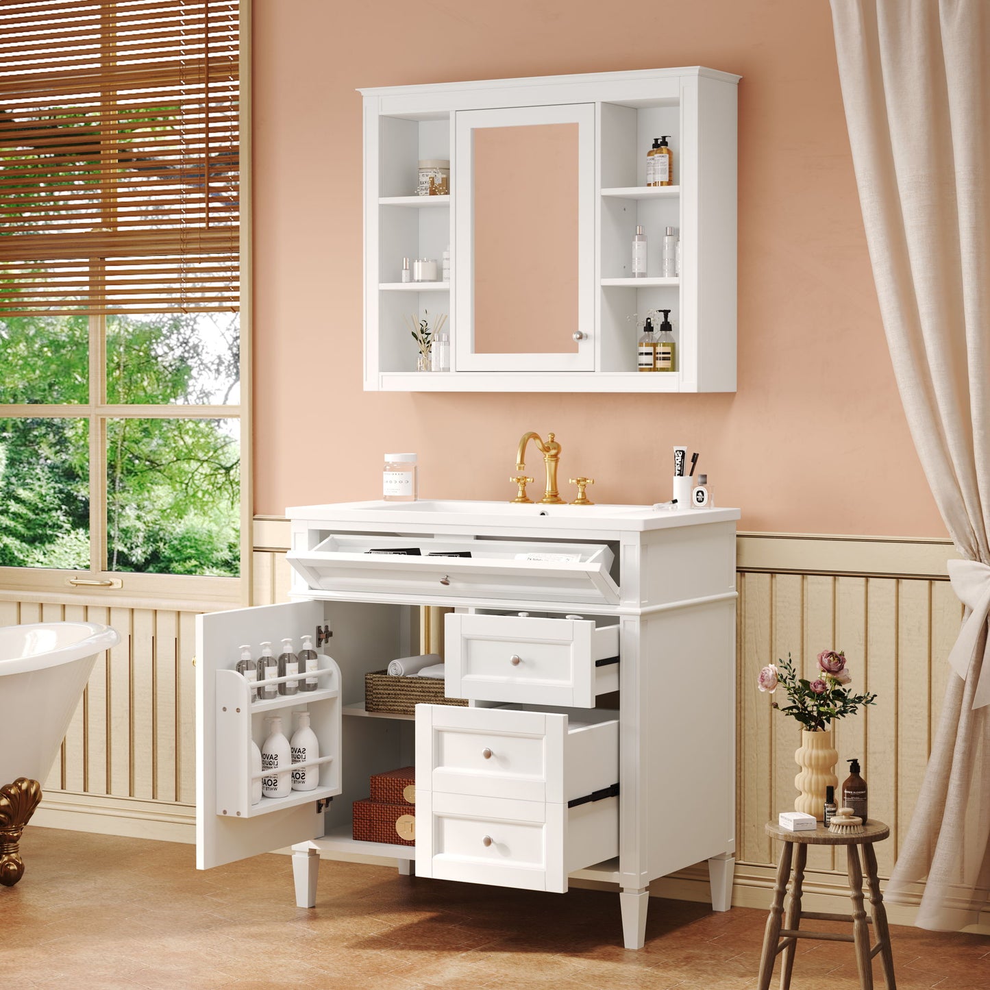 Bathroom Vanity With Top Sink, Storage Cabinet With Mirror, 2 Doors, 3 Drawers, 6 Open Shelves