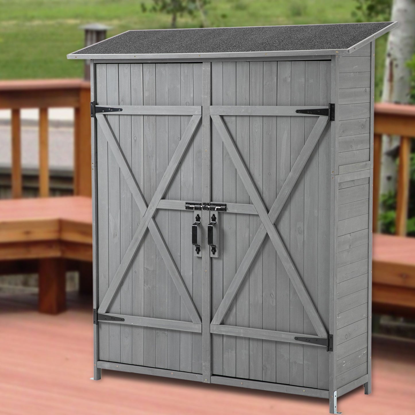 Outdoor Storage Shed With Lockable Door, Wooden Tool Storage Shed With Detachable Shelves & Pitch Roof