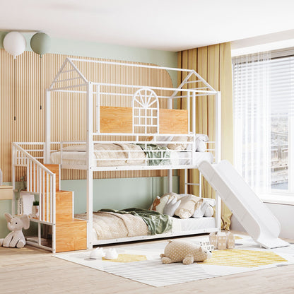 Metal Bunk Bed, Metal Housebed With Slide And Storage Stair