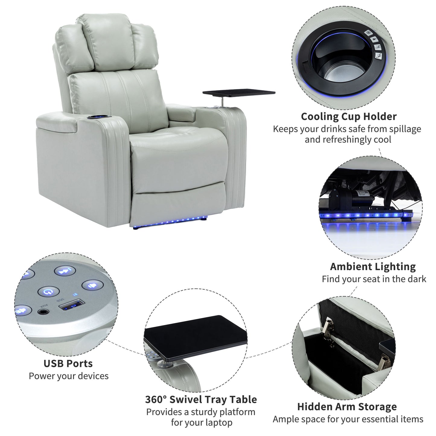 Power Recliner Individual Seat Home Theater Recliner With Cooling Cup Holder - Bluetooth Speaker, Led Lights, USB Ports, Tray Table, Arm Storage For Living Room