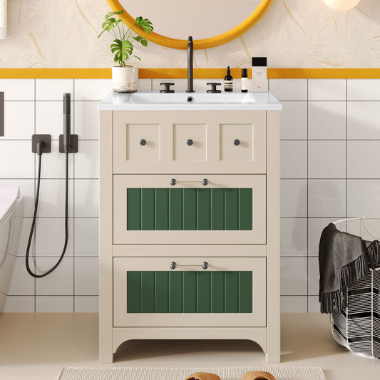 Bathroom Vanity With Ceramic Sink, Bathroom Vanity Cabinet With 2 Drawers, Wooden Bathroom Sink Cabinet - Beige / Green