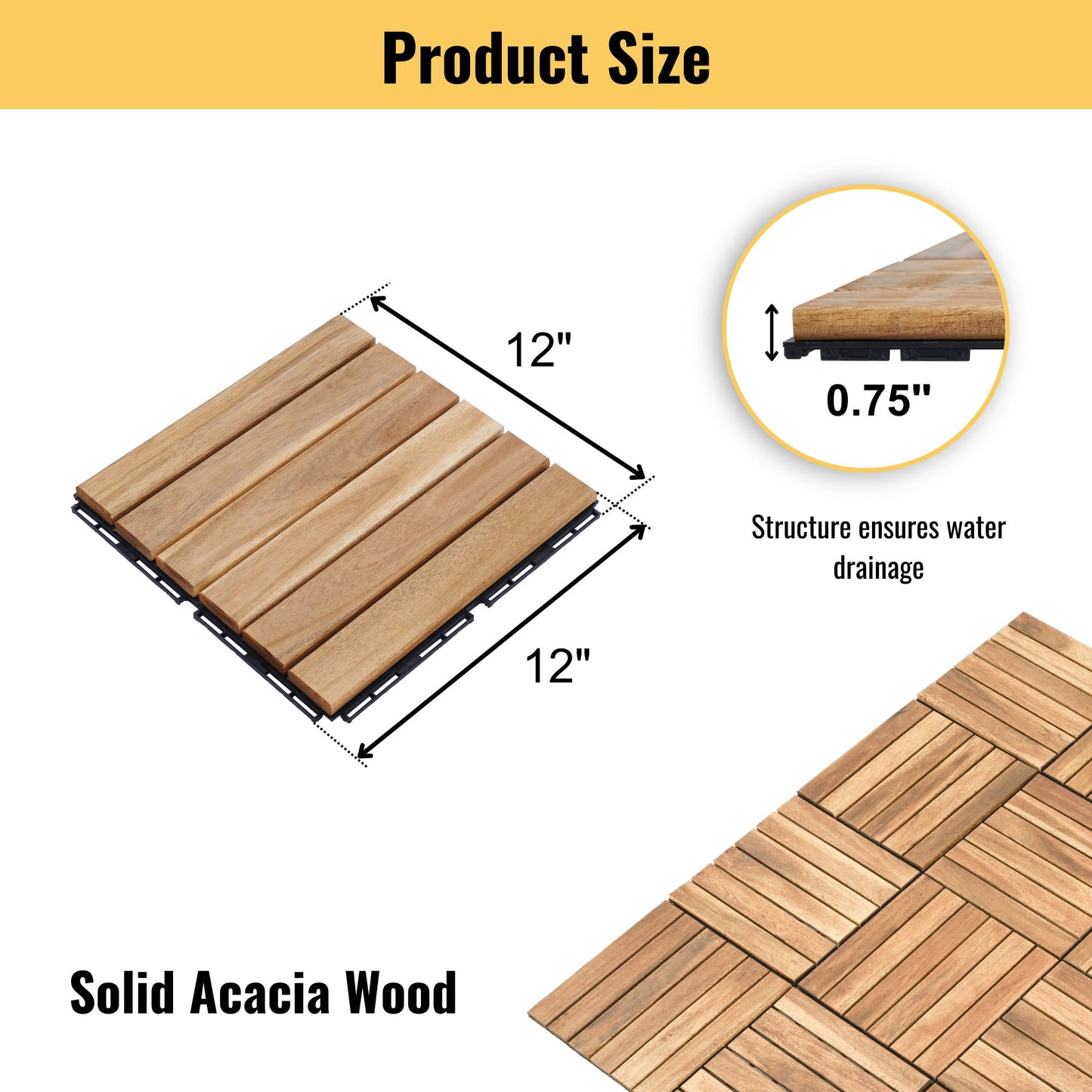 Interlocking Deck Tiles Striped Pattern, Square Acacia Hardwood Outdoor Flooring For Patio, Bancony, Pool Side