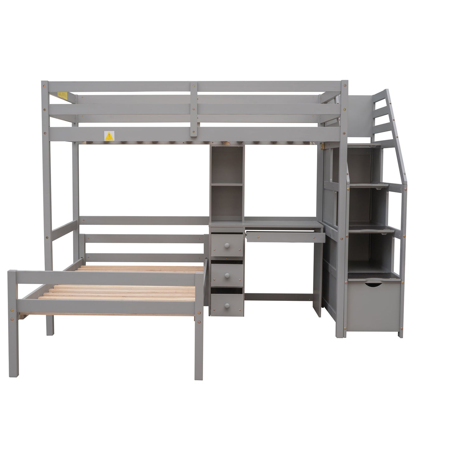 Loft Bed With Stand Alone Bed, Storage Staircase, Desk, Shelves, And Drawers