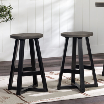 Rustic Distressed Solid Wood Round Dining Stool - Gray