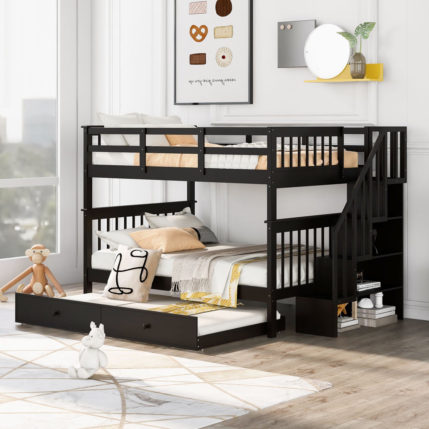 Stairway Bunk Bed With Twin Size Trundle, Storage And Guard Rail For Bedroom, Dorm