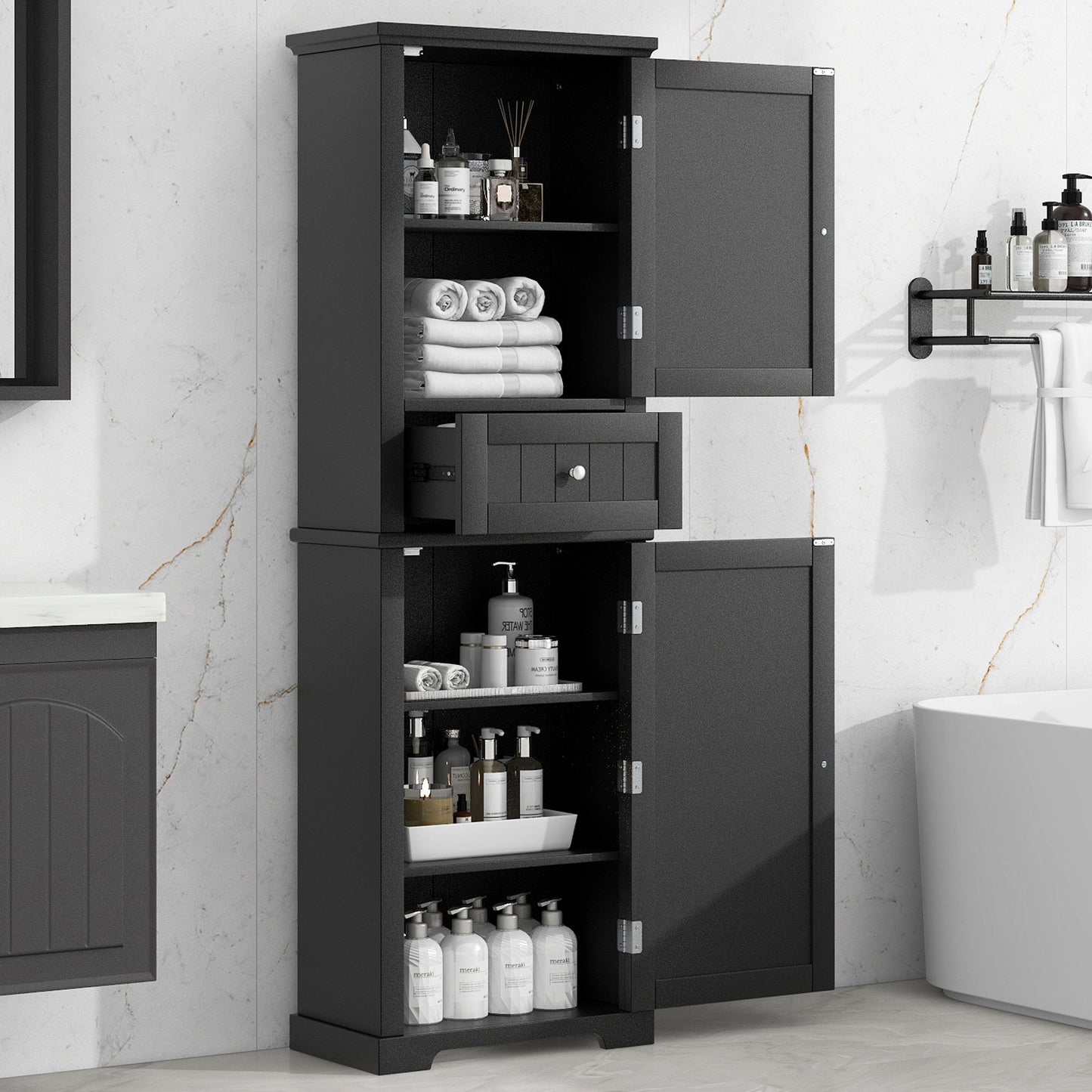 Tall Freestanding Bathroom Storage Cabinet With Drawer And Adjustable Shelf