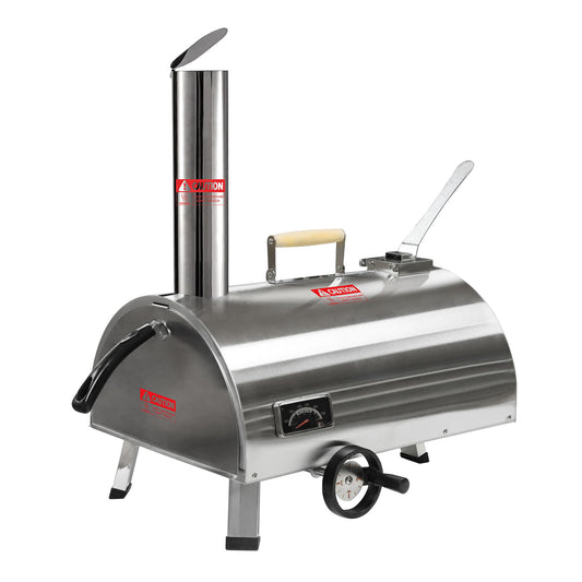 Silver Pizza Oven Outdoor 12" Semi-Automatic Rotatable Pizza Ovens Portable Stainless Steel Wood Fired Pizza Oven Pizza Maker With Built-In Thermometer Pizza Cutter Carry Bag - Silver