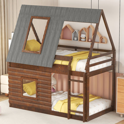 Wood Twin Size House Bunk Bed With Roof, Ladder And 2 Windows - Oak & Smoky Gray