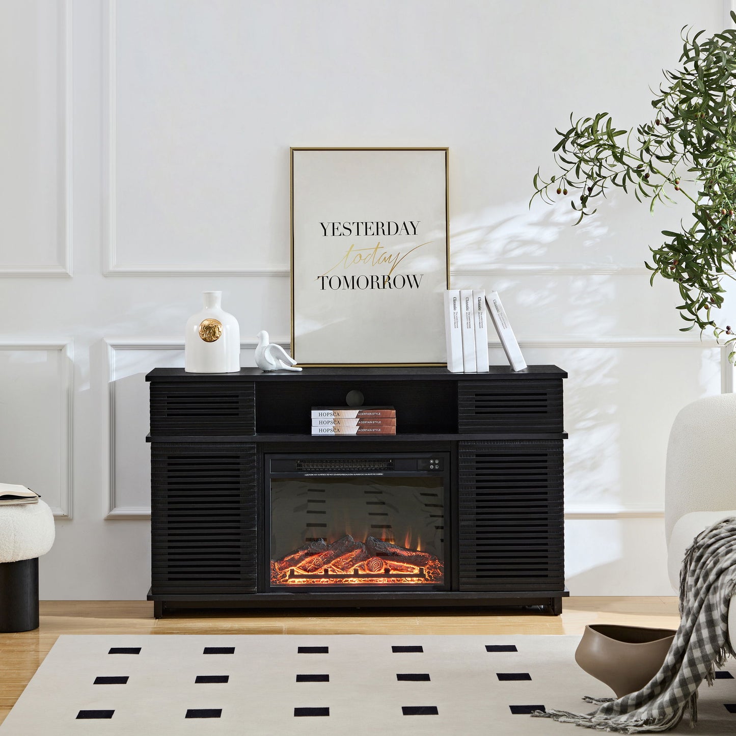 Modern Cabinet With Adjustable Shelves And Remote Controlled Fireplace