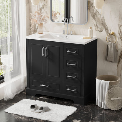 Traditional Bathroom Vanity With Resin Sink Combo Set, Bathroom Cabinet With Two Doors And Four Drawers