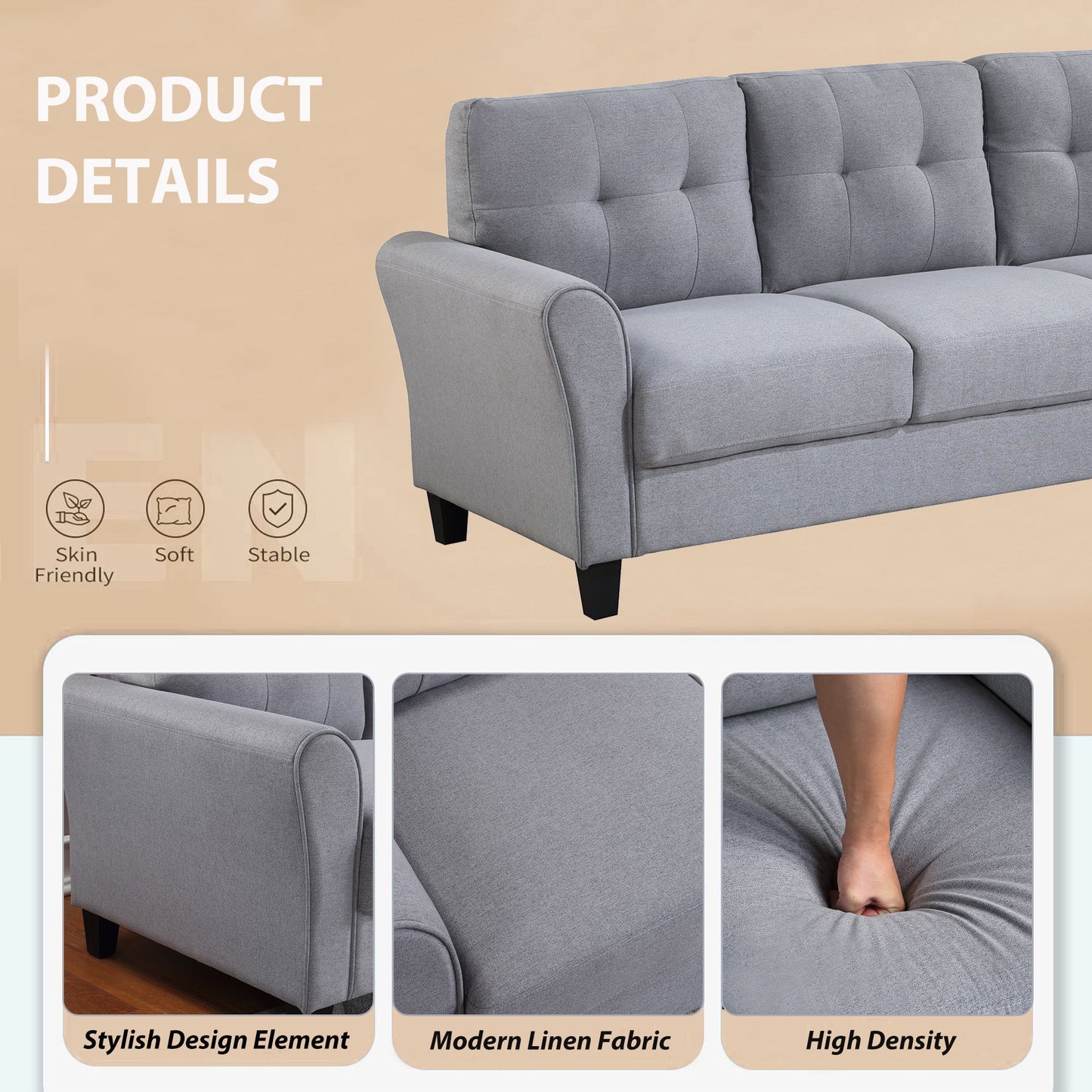 Modern Living Room Loveseat Linen Upholstered Couch Furniture For Home Or Office