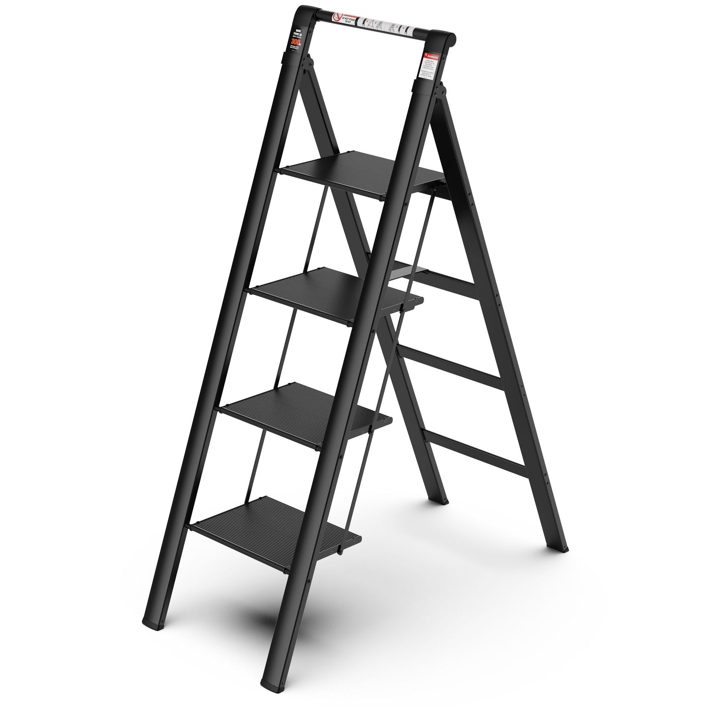 4 Step Ladder, Retractable Handgrip Folding Step Stool With Anti-Slip Wide Pedal, Aluminum Step Ladders 4 Steps, 300Lbs Safety Household Ladder - Black