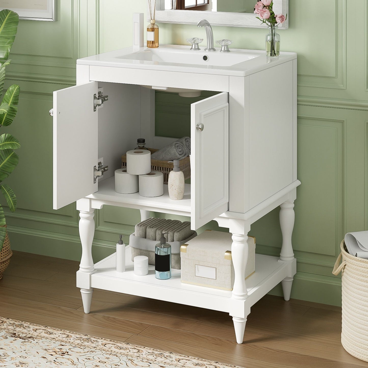 Modern Bathroom Vanity With Sink, Rectangular Cabinet With Open Shelf And Closed Storage