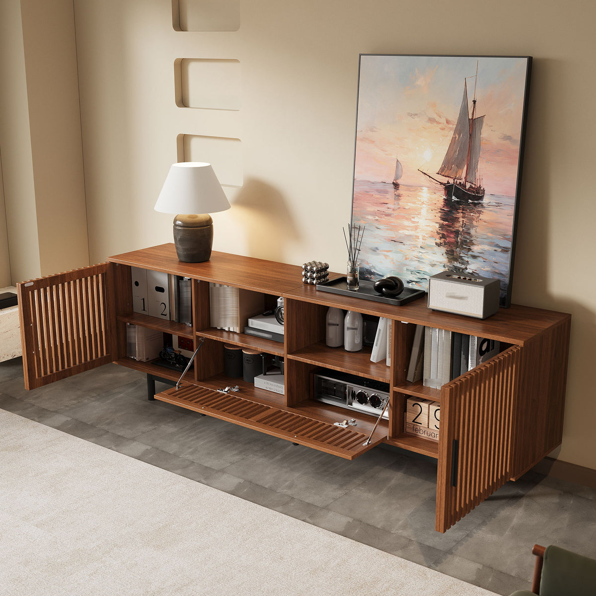 TV Stand, Entertainment Center With Slatted Doors, Cable Management, Soft Closing Hinges - Walnut