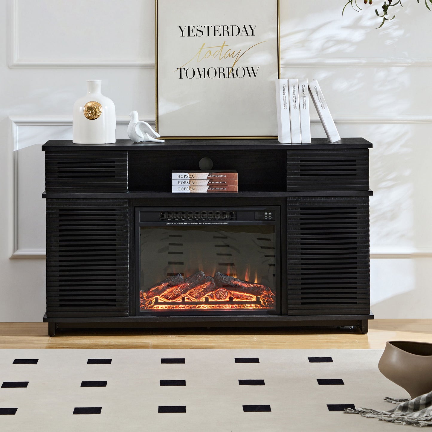Modern Cabinet With Adjustable Shelves And Remote Controlled Fireplace