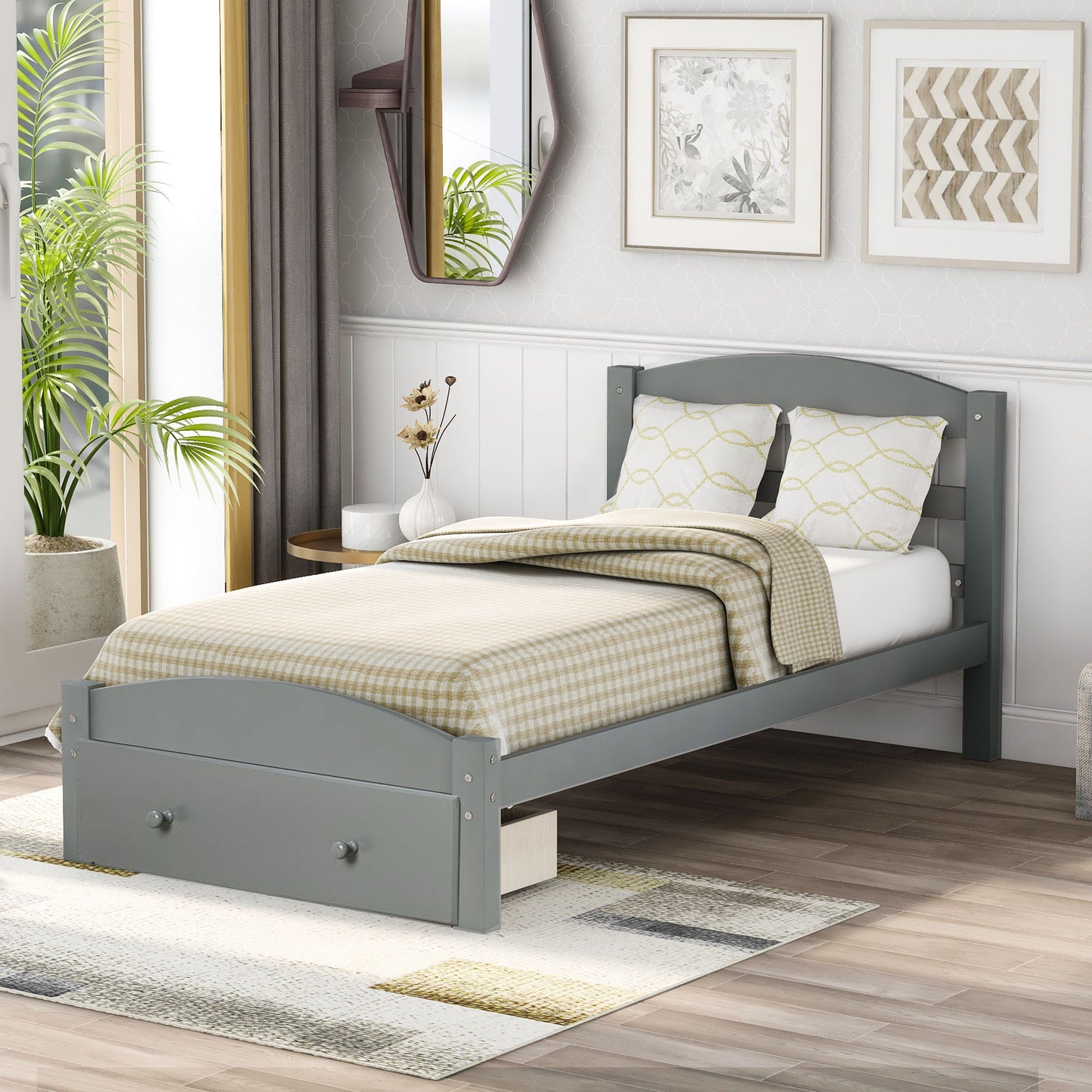 Platform Bed Frame With Storage Drawer And Wood Slat Support No Box Spring Needed