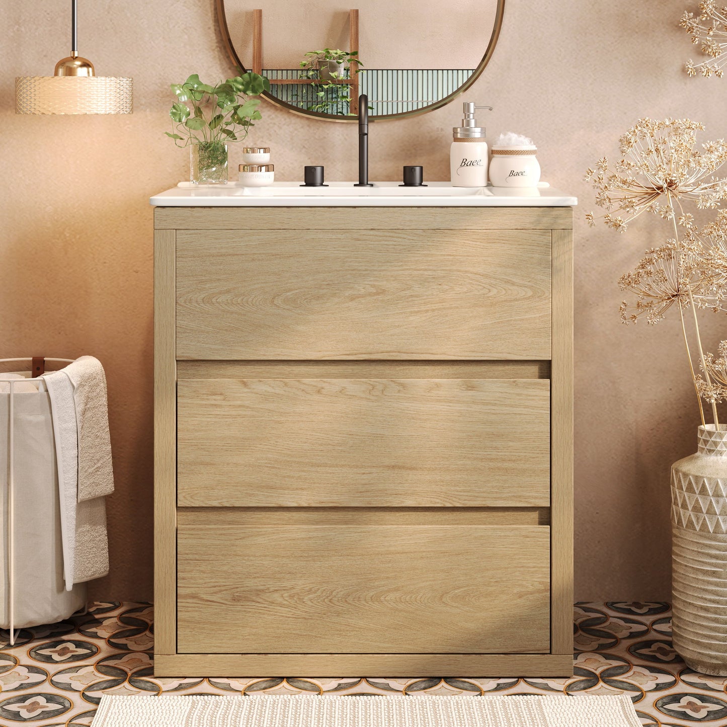 Freestanding Bathroom Vanity With Ceramic Sink, 2 Full Extension Drawers