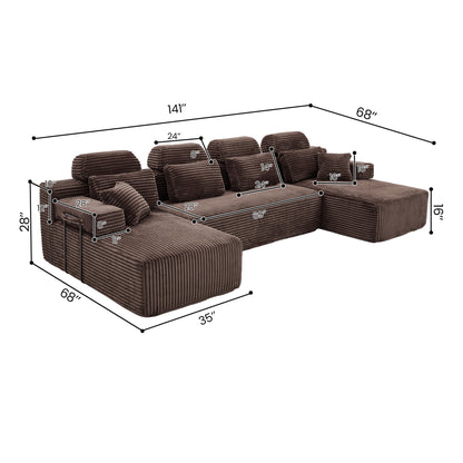 Sectional Sleeper Sofa & Storage Pockets, Modular Couch With Throw Pillows For Living Room