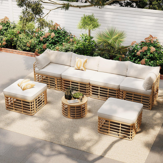 Outdoor Patio Furniture, All-Weather Rattan Sectional Sofa Set With Thick Cushions And Pillows, Freely Combined Conversation Sets For Garden, Backyard, Balcony