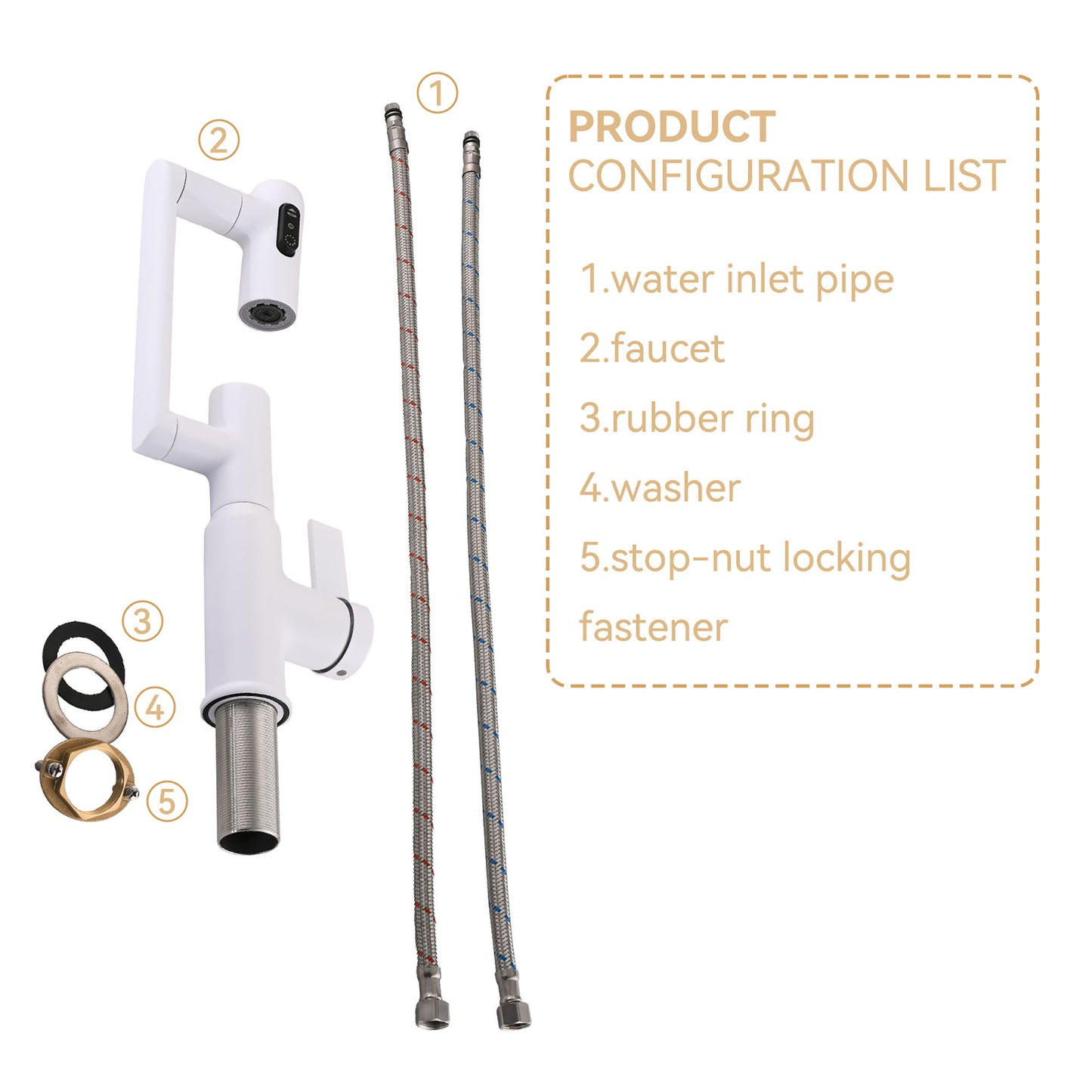 Modern Bathroom Sink Faucet With Spray Function, Temperature Display, Anti Skid Switch, Brass - White