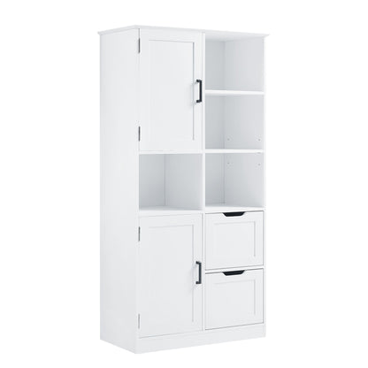 Freestanding Bathroom Storage Cabinet With Doors And Drawers, Adjustable Shelf, Open Shelves - White