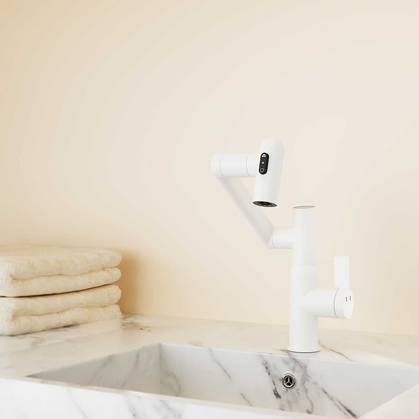 Modern Bathroom Sink Faucet With Spray Function, Temperature Display, Anti Skid Switch, Brass - White