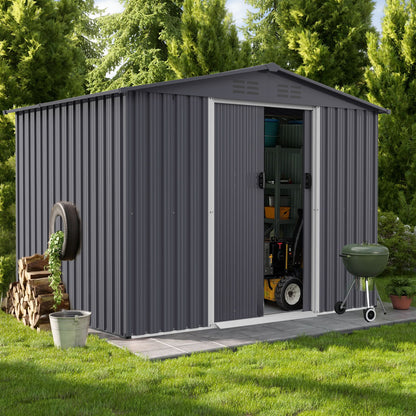 Outdoor Storage Shed 8 x 6 Ft Large Metal Tool Sheds, Heavy Duty Storage House With Sliding Doors With Air Vent For Backyard Patio Lawn To Store Bikes, Tools, Lawnmowers - Dark Gray