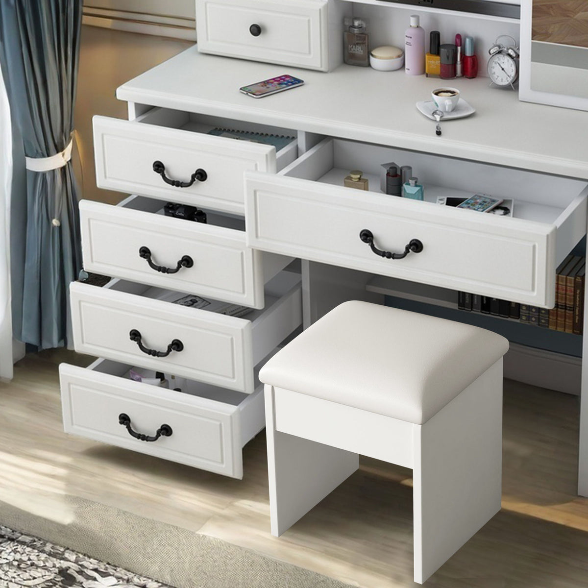 Fashion Vanity Desk With Mirror And Adjustable Lighting, 6 Drawers, 3 Color Light Modes - White