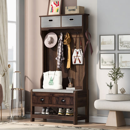 Hall Tree With 6 Hooks And Hinged Lid, Coat Hanger, Storage Bench, 3 In 1 Design