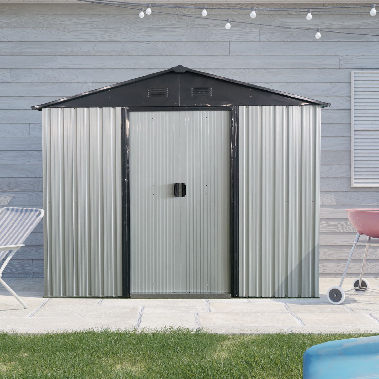 Outdoor Metal Storage Shed With Sliding Door And Foundation For Backyard, Patio, Lawn