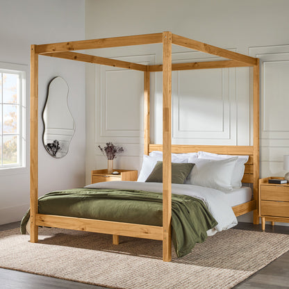 Queen Canopy Bed Frame Modern Minimalist Boho - Natural Pine