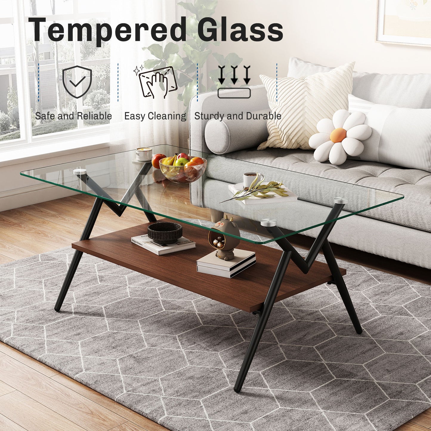 Rectangle Coffee Table With Tempered Glass Top And Shelf, Modern Table For Living Room