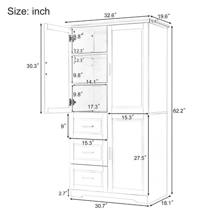 Tall And Wide Storage Cabinet With Doors, 3 Drawers