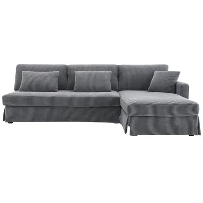 Modern L-Shaped Corduroy Sofa With Reversible Chaise, 4-Seat Upholstered Sectional Indoor Furniture, Convertible Sleeper Couch With Pillows For Living Room, Apartment