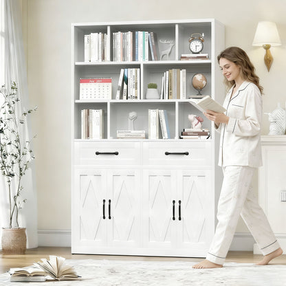 Bookcase Tall With 2 Doors & 2 Drawers, Fixed Open Shelves - White