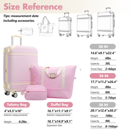 Hardshell Luggage Set With Double Spinner Wheels, Tsa Lock, Lightweight Suitcase, 24" With Bags - Light Pink