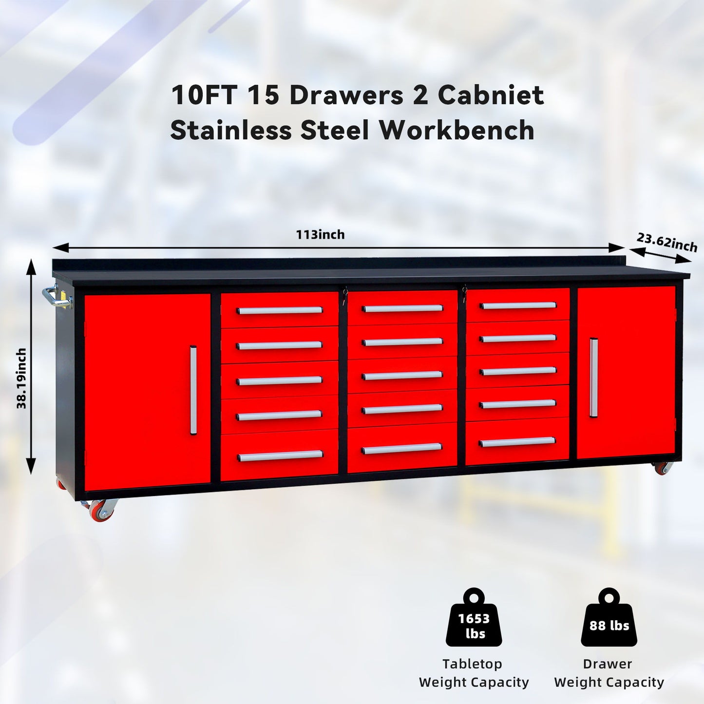 Storage Cabinet With Work Bench (15 Drawers & 2 Cabinets)