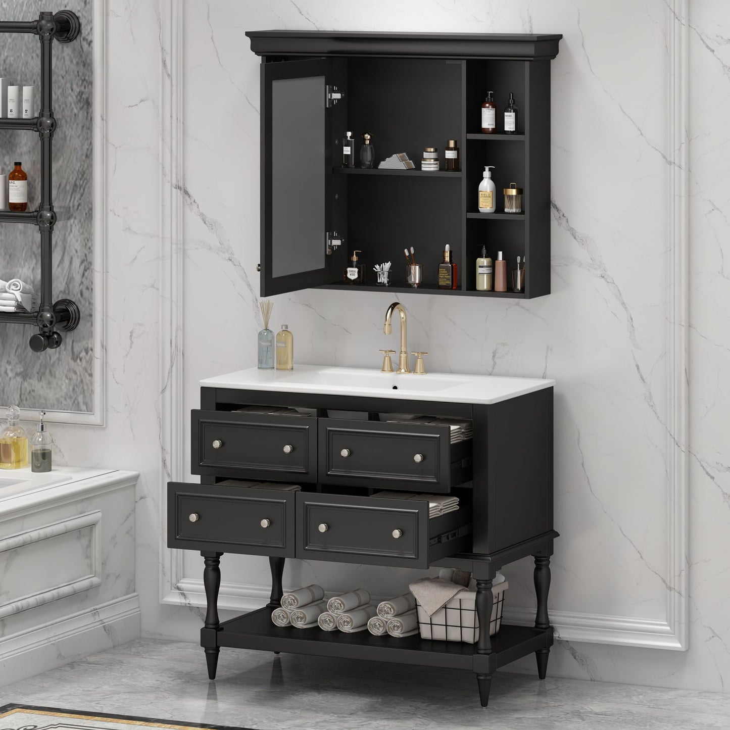 Bathroom Vanity With Medicine Cabinet, Storage Cabinet With 4 Drawers, Adjustable Shelf Mirror