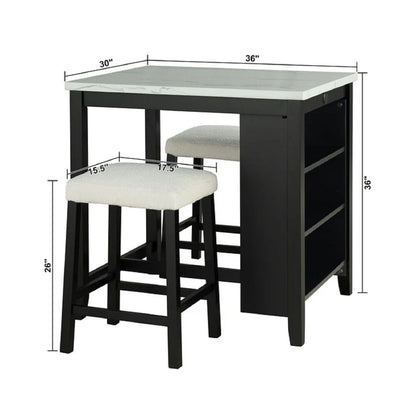 Dining Table Set With Storage Shelves, 3 Piece With 2 Stools - Black / Ivory / White