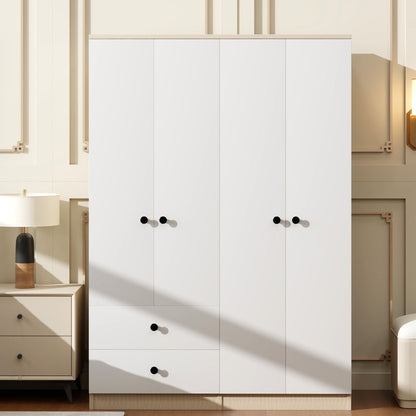 4 Door Wardrobe Closet With Drawers, Shelf, And Hanging Rod - White / Natural