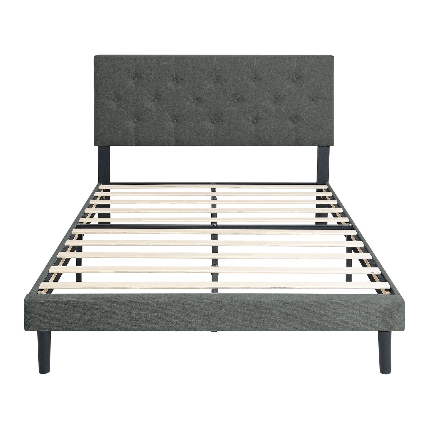 Modern Upholstered Platform Bed Frame With Button Tufted Linen Fabric Headboard
