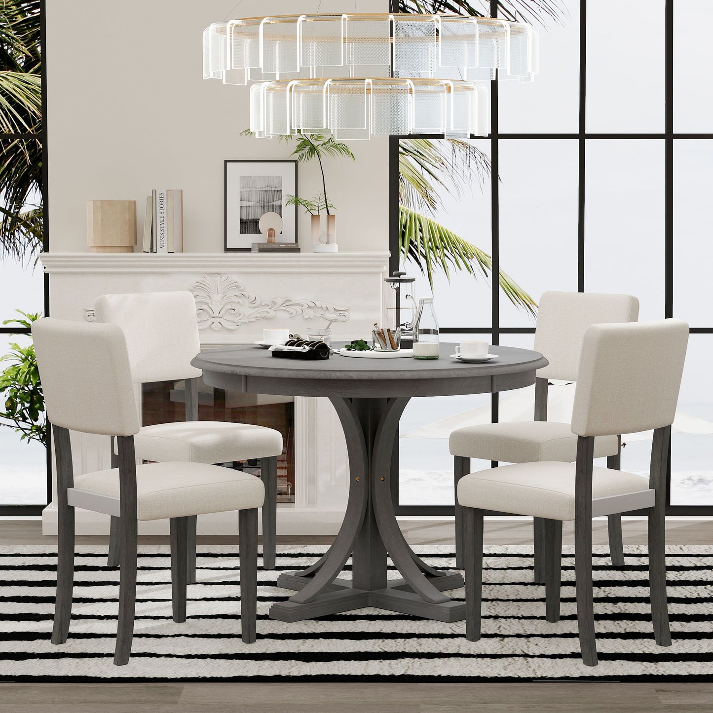 Retro Round Dining Table Set With Curved Trestle Style Table Legs And Upholstered Chairs For Dining Room