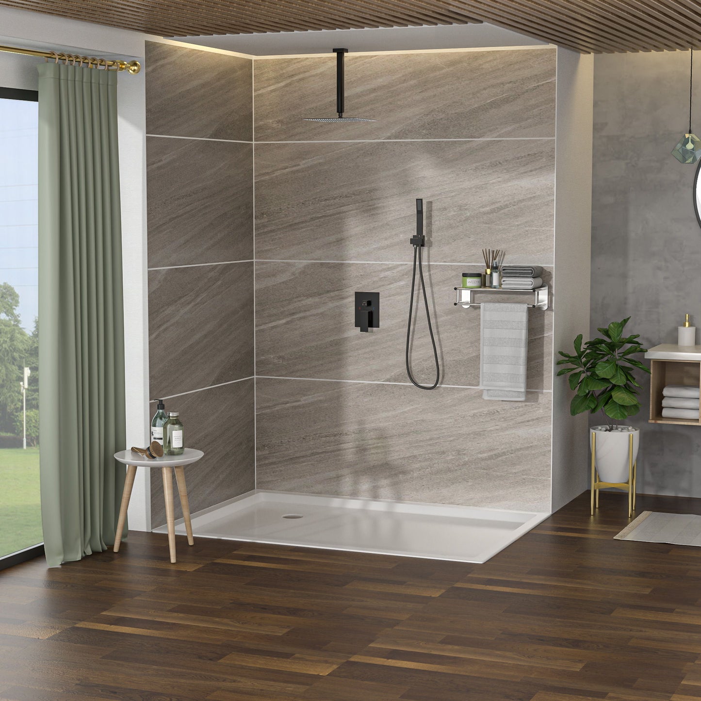 Dual Shower Head Ceiling Mount Square Rain Shower System With Adjustable Flow