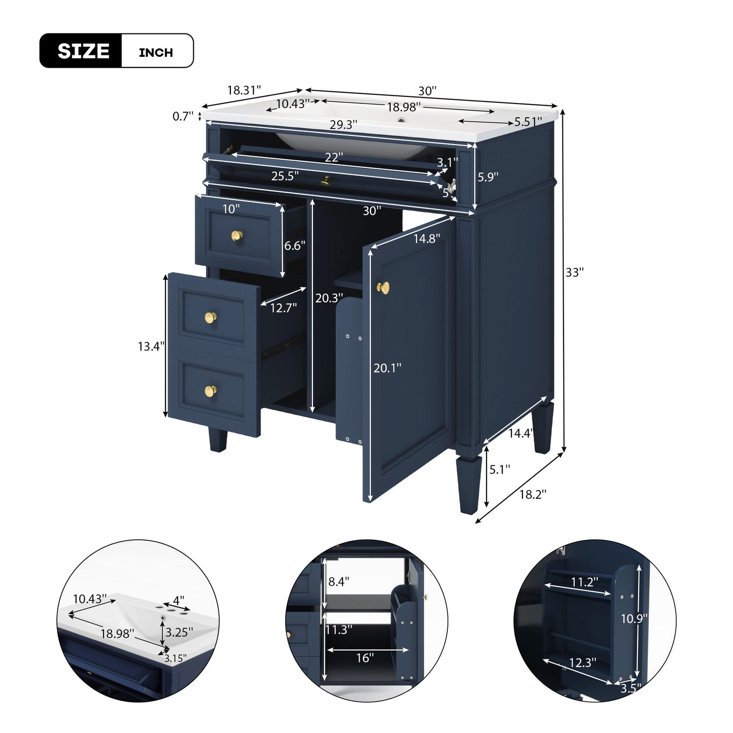 Bathroom Vanity With Top Sink, Storage Cabinet With 2 Drawers, Tip Out Drawer