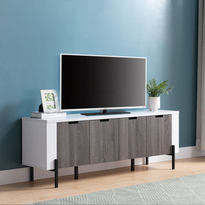 TV Stand With Metal Legs, Four Door Cabinets, And Euro Hinges Spacious Three Cabinet Storage - White / Distressed Gray