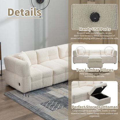 Sectional Sofa Cozy Teddy Fleece Sectional Sofa Couch With Two USB Ports A Movable Storage Ottoman And Two Lumbar Pillows For Living Room