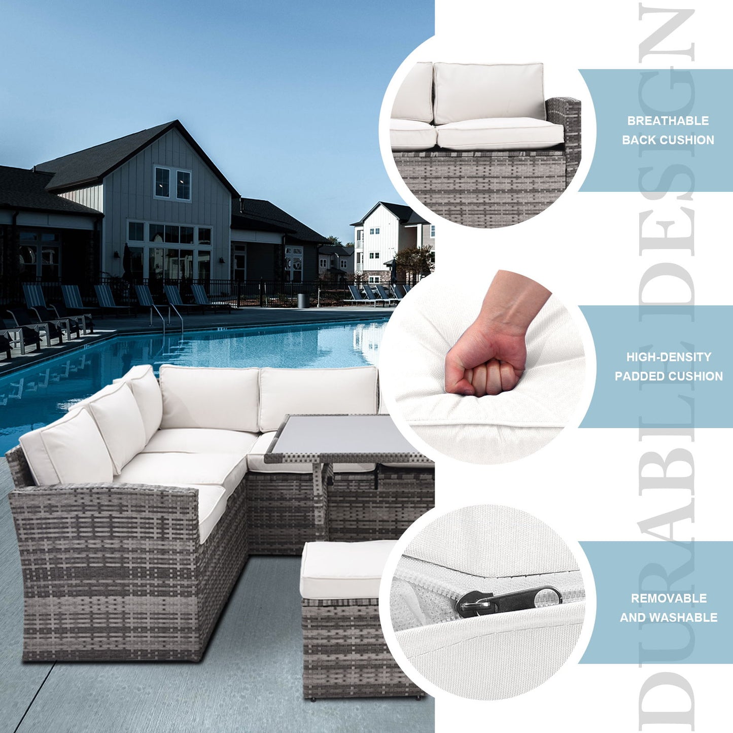 7 Pieces Outdoor Sectional Conversation Sofa With Dining Table, Chairs And Ottomans, All Weather, With Backrest And Removable Cushions