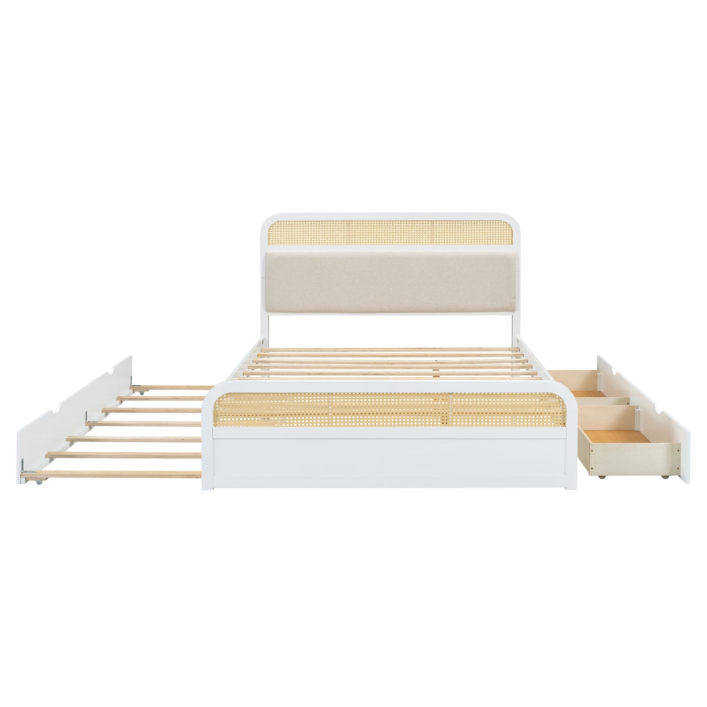 Wooden Platform Bed With Trundle And 2 Drawers